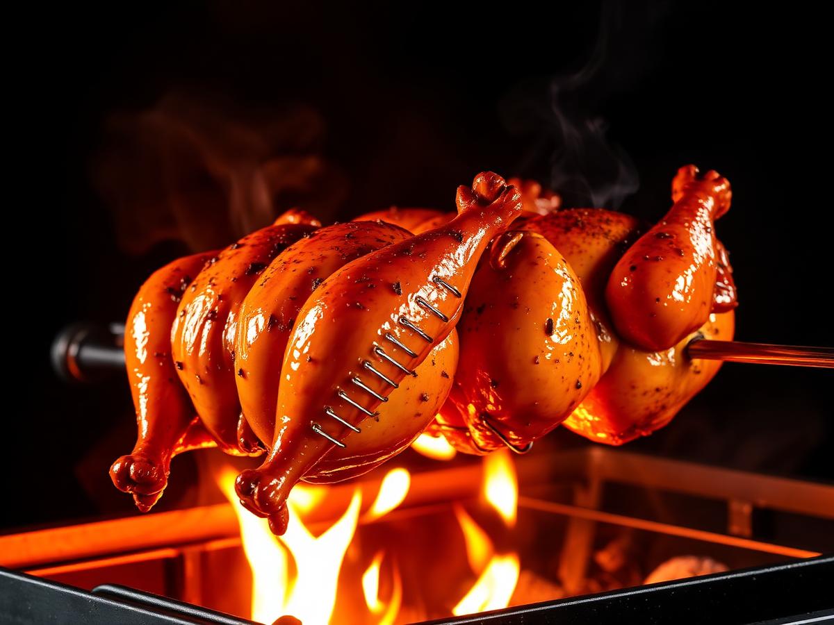 Pollos a la brasa dorándose sobre las brasas en Parrillín